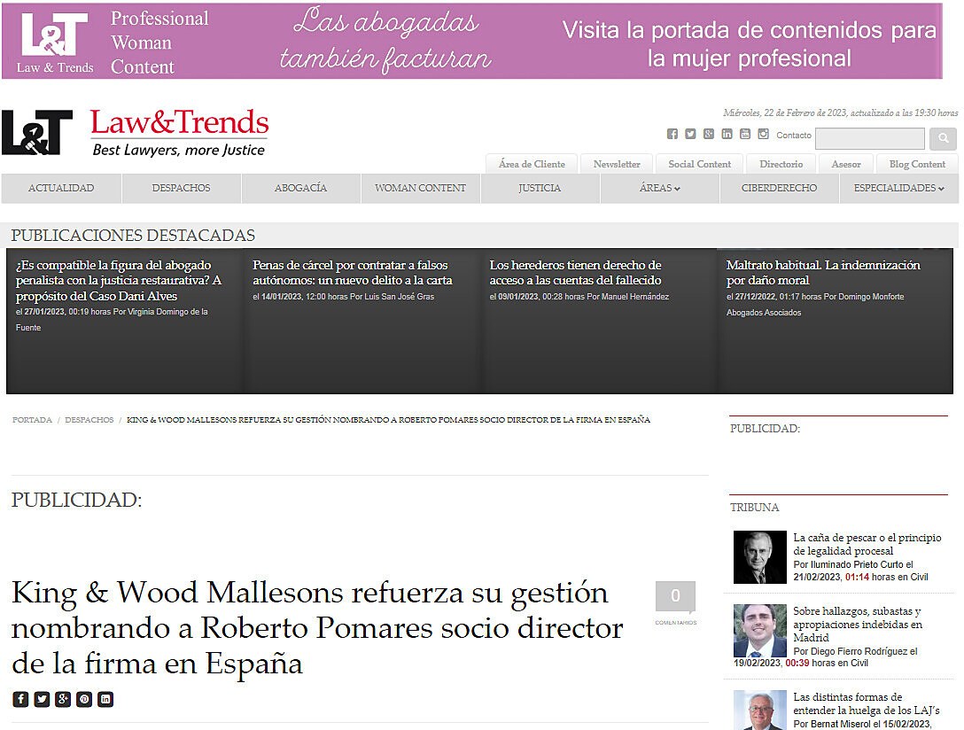 King & Wood Mallesons refuerza su gestin nombrando a Roberto Pomares socio director de la firma en Espaa